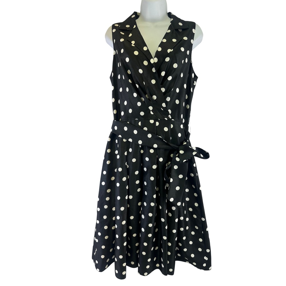 Jessica Howard Dress Polka Dot Fit Flare Black White Retro Sleeveless Womens 12